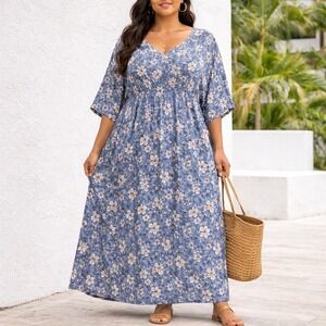 Tamsy Womens Floral Maxi Dress One Size Blue Empire NWT Boho Kaftan Lounge Dress